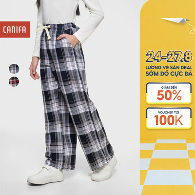 Quần dài bé gái CANIFA ống rộng họa tiết kẻ caro 1BP25C004