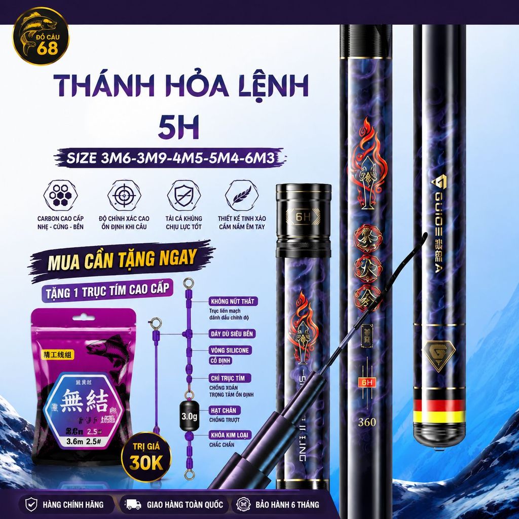 Cần Tay Thánh Hoả Lệnh 5H 28i – Cần Câu Cá Rô Diếc, Câu Cảm Giác Tặng Ngọn Phụ Và Trục Tím