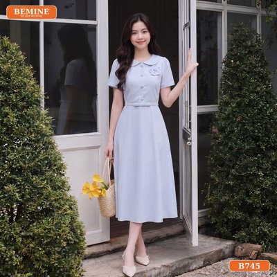 Đầm thiết kế BEMINE cổ sen dáng dài họa tiết sọc phù hợp đi làm-B745