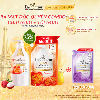 Combo Chai sữa tắm Enchanteur hương nước hoa 650g + Túi sữa tắm Charming/Gmalour 640g