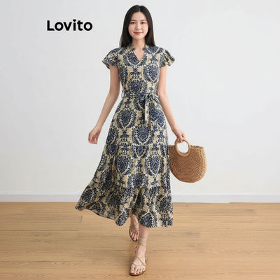 Lovito Kỳ nghỉ Váy Nữ Họa Tiết Bộ Lạc Viền Bèo Nhún Mùa Hè Xuân L105MD093
