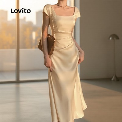 Lovito thanh lịch Đầm nữ chất satin sang trọng nhẹ nhàng màu champagne phù hợp xuân hè mã L137LD367