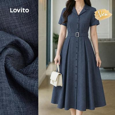 (New Arrival) Lovito Đầm thường ngày nữ màu xám đen có thắt lưng cài nút xếp ly mùa xuân/hè DRBR37BR197