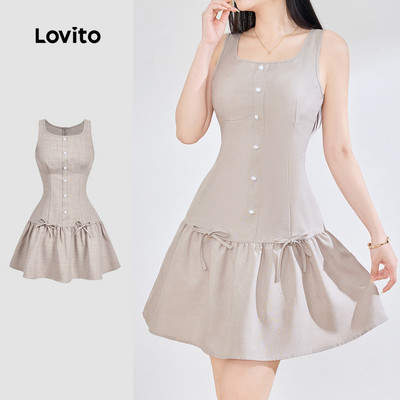 Đầm Lovito Phong cách thường ngày có nút trước lai bèo xếp nếp mùa xuân/hè màu kaki nhạt cho nữ L155ED1457