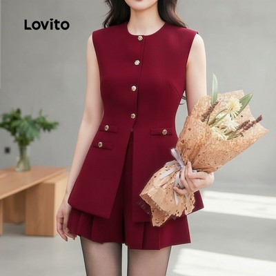 Lovito thanh lịch Áo Hoặc Quần Nữ Mùa Xuân Hè Xếp Ly Màu Đỏ Tía Dự Tiệc Giáng Sinh L165ED584