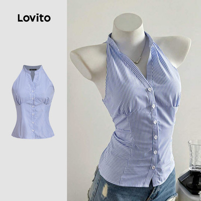 Áo sát nách nữ Lovito trắng xanh dương xuân hè xếp ly hình học nút sọc phong cách thường ngày L135ED386