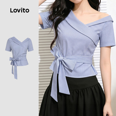 (New Arrival) Lovito Áo kiểu thanh lịch sọc bên vai lạnh phong cách xuân/hè màu xanh dương trắng cho nữ LK7ED400