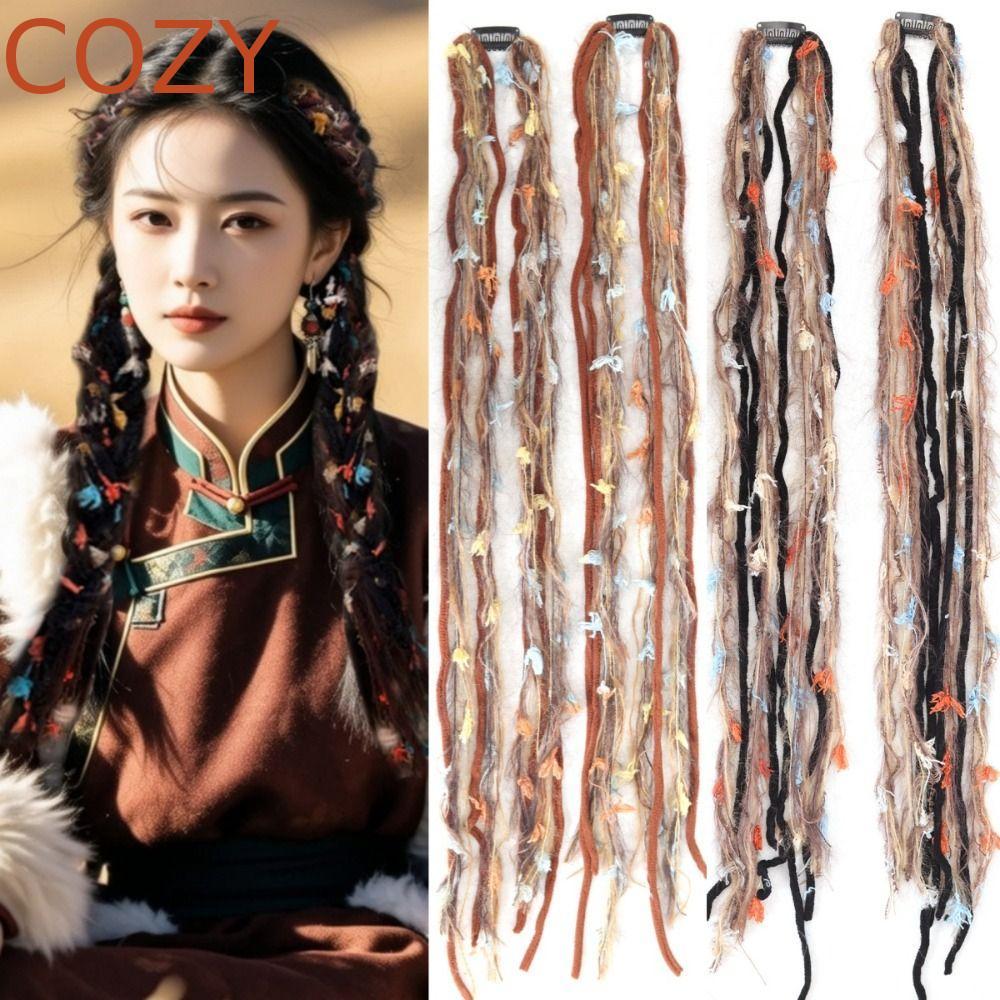 COZY 2 chiếc Bohemian Tây Tạng Hairpiece, Handmade Dirty Braids Gradient Color Dreadlock Braids, Kẹp