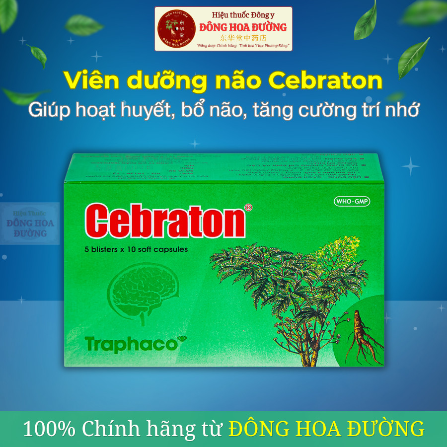 Viên uống bổ não Cebraton Traphaco (Hộp 50 viên) Giúp tăng tuần hoàn não, cải thiện trí nhớ, giảm đa