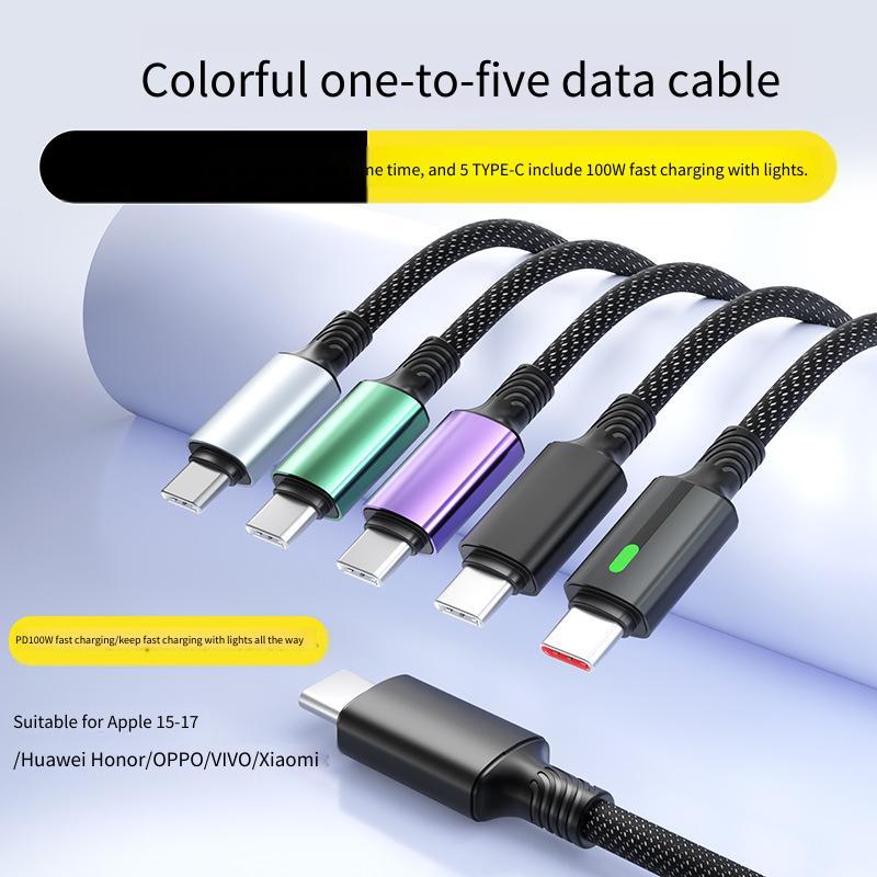 Cáp sạc nhanh 5 trong 1 ánh sáng đầy màu sắc, Dây sạc đa năng phát sáng cho i Phone 15 16 17, Huawei
