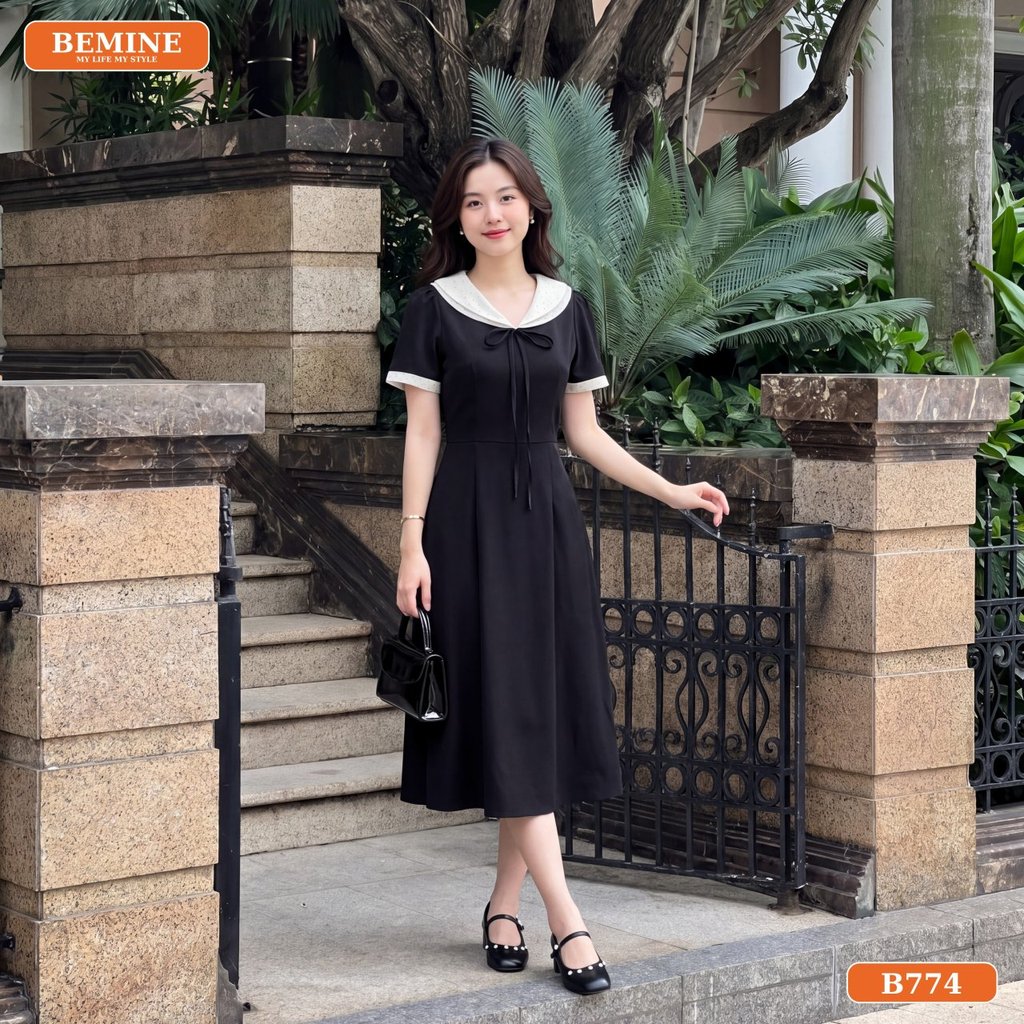 Đầm thiết kế BEMINE cổ tim phối họa tiết bi dáng chữ A phù hợp đi làm-B774