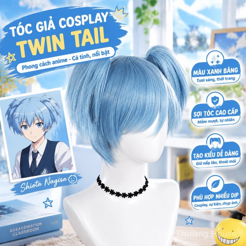 Tóc giả cosplay anime Assassination Classroom Shiota Nagisa màu xanh băng kẹp hổ khẩu buộc hai bên n