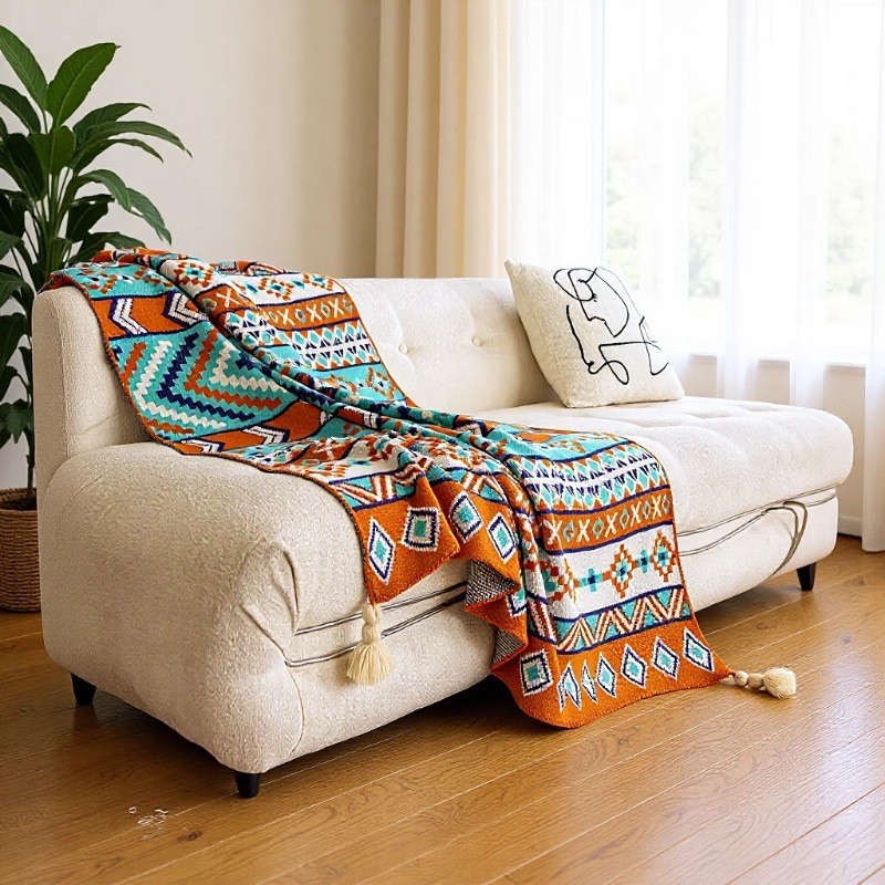 Chăn sofa phong cách Bohemian, chăn cao cấp, chăn ngủ, chăn đắp, chăn điều hòa, chăn dệt kim có tua 