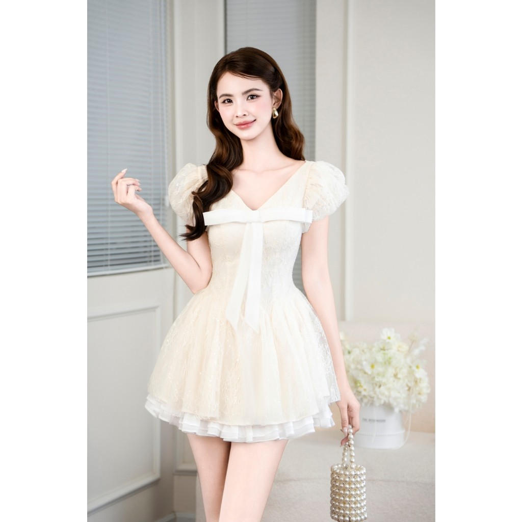 Đầm Ren Hoa Tay Phồng Phối Nơ Trắng Dáng Ngắn - Váy Xoè Công Chúa Tiểu Thư D1710 LXinh