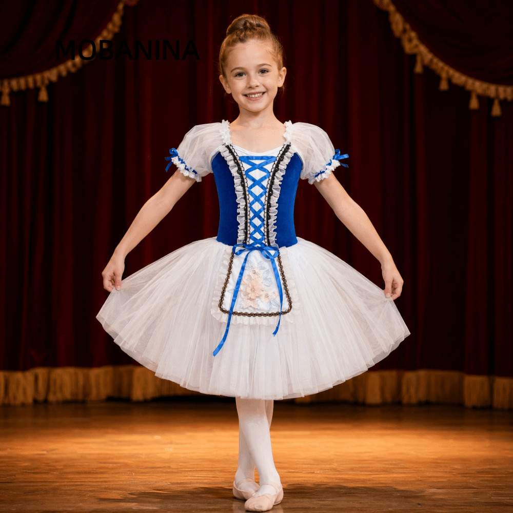 MOBANINA Kids Giselle Ballet Tutu Dress, Nhung Cross Ribbon Ballet Dance Leotard, Váy vải tuyn dài c