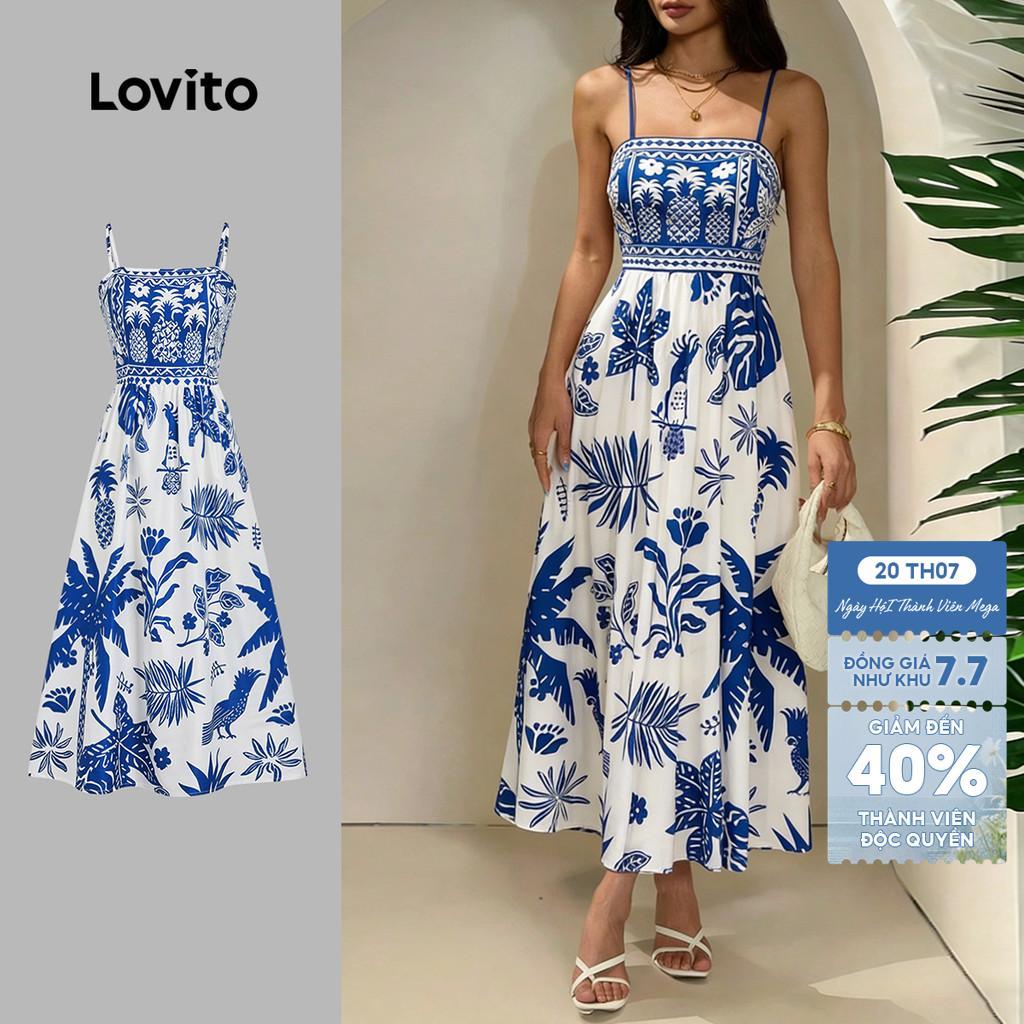 Lovito Đầm nữ xanh dương xuân hè dây kéo Boho LBL32054