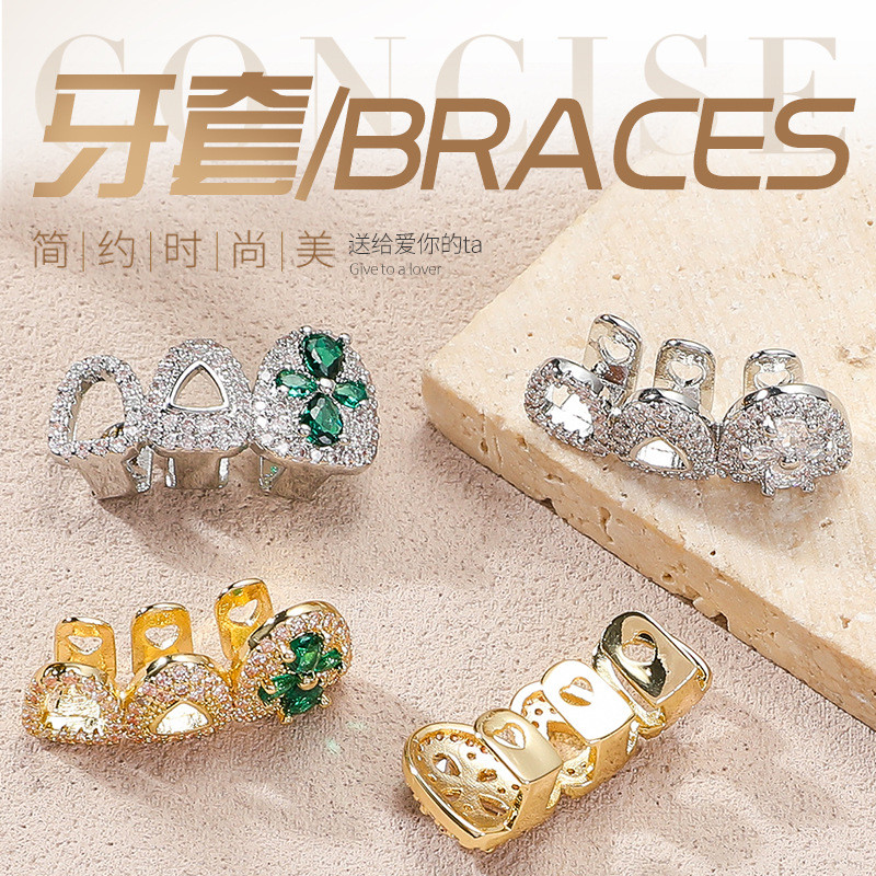 Nẹp Bốn Lá Cỏ Ba Lá Hip-Hop Phong Cách Zircon Niềng Răng Unisex grillz Răng Vàng Rỗng [Nhận Giảm Giá