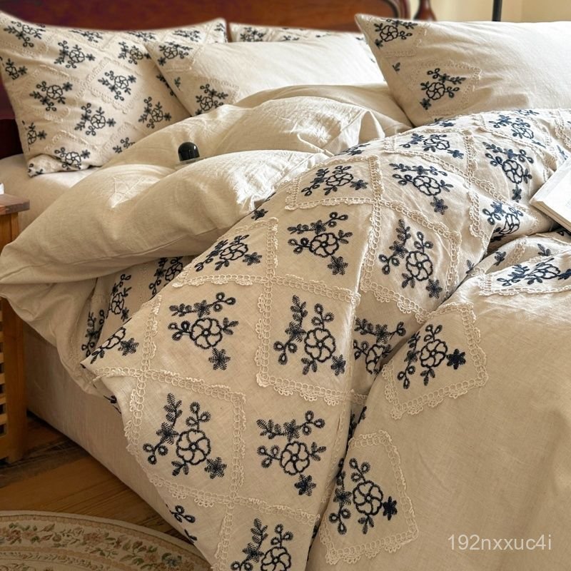 Bộ chăn ga gối bốn món thêu họa tiết cotton-linen cổ điển, vỏ chăn cotton-linen nguyên chất, ga trải