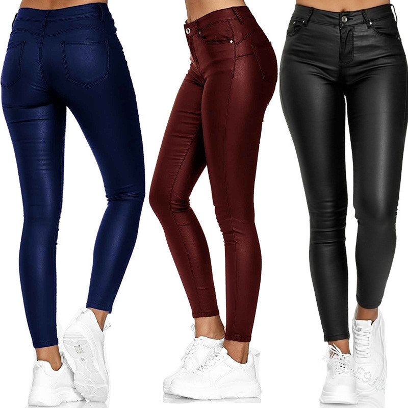 Cao Cấp Màu Trơn Da Quần Skinny Quần Da PU Quần Dài Nữ