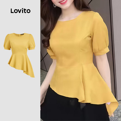 Áo kiểu nữ Lovito thanh lịch vàng xuân hè bất đối xứng xếp ly phong cách L183ED064