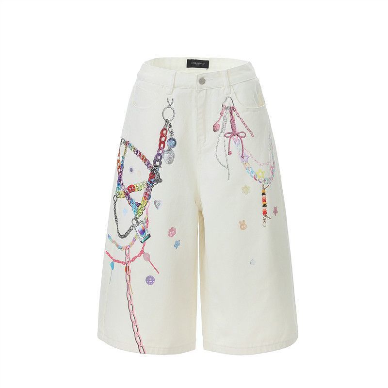 Mỹ Dây Xích 3D In Màu Quần Jean Crop Nam Nữ Đường Phố hiphop Quần Short Ống Rộng