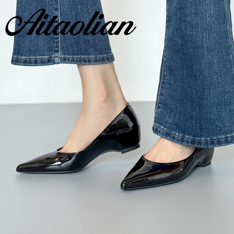 (Size 34-40) Da Thật Chính Hãng Giày Cao Gót Mũi Nhọn 4.5cm Giày Nữ Thời Trang Phong Cách Anh Giày D