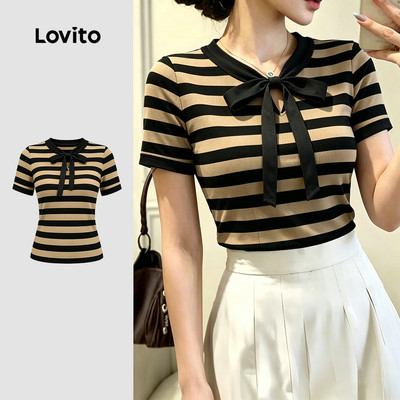 (New Arrival) Lovito Áo thun nữ dáng casual buộc nơ phía trước màu xanh dương phong cách xuân/hè L196ED955