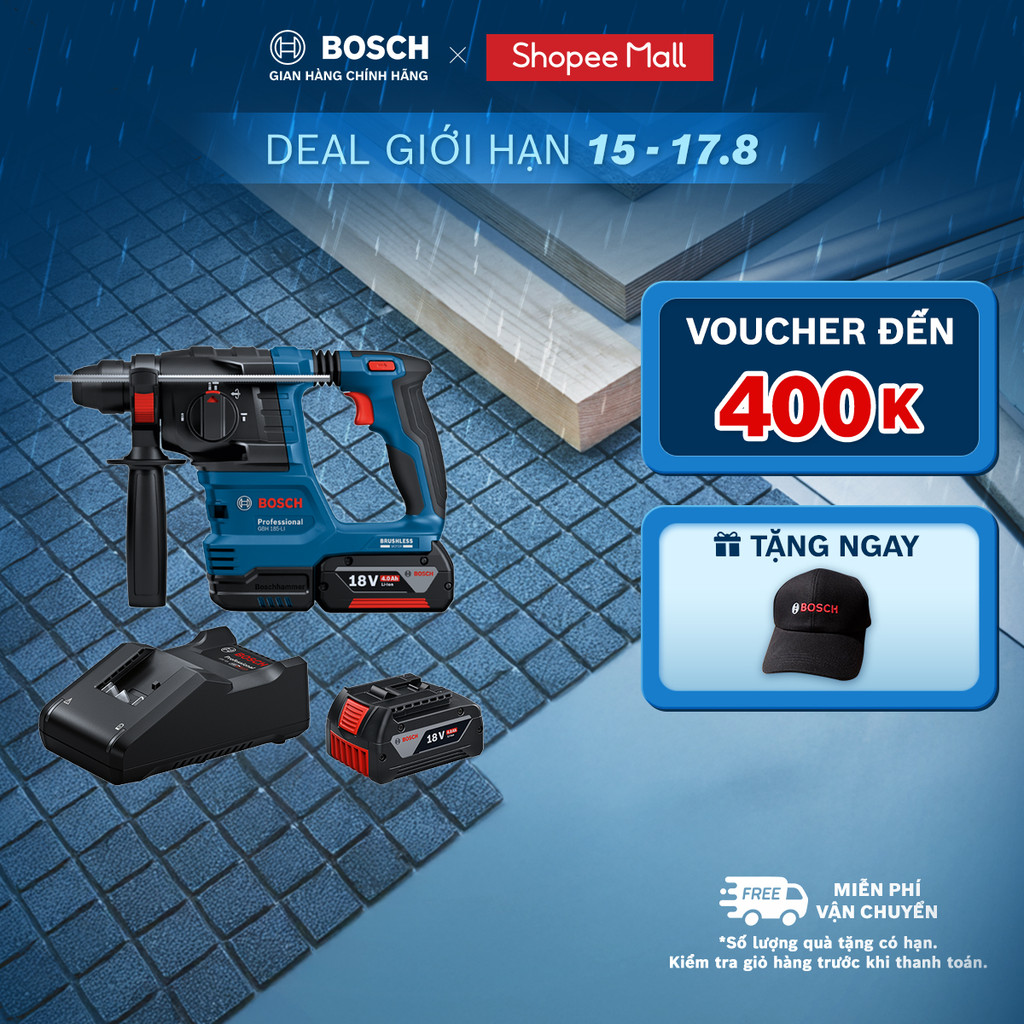 Máy khoan và đục Bosch GBH 185-LI + Bộ Sạc GAL 18V-40 và 1 Pin GBA 4.0Ah