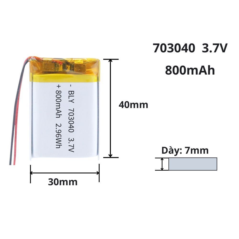 Pin sạc 3.7V 703040 800mAh cho tai nghe, Loa, thiết bị điện tử