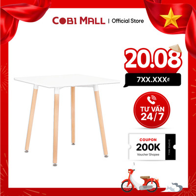 Bàn nhựa kết hợp gỗ sồi nguyên khối, khung thép chắc chắn, hình vuông_D60 - Cobihome