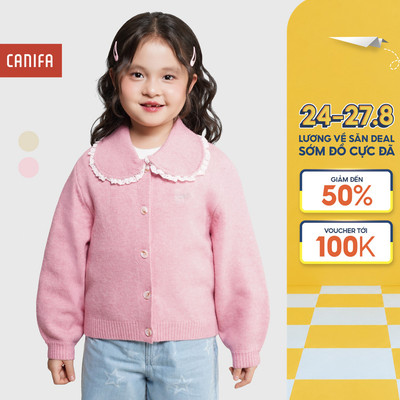 Áo len cardigan bé gái CANIFA dài tay cổ bẻ phối bèo có hình thêu dễ thương 1TC25C001