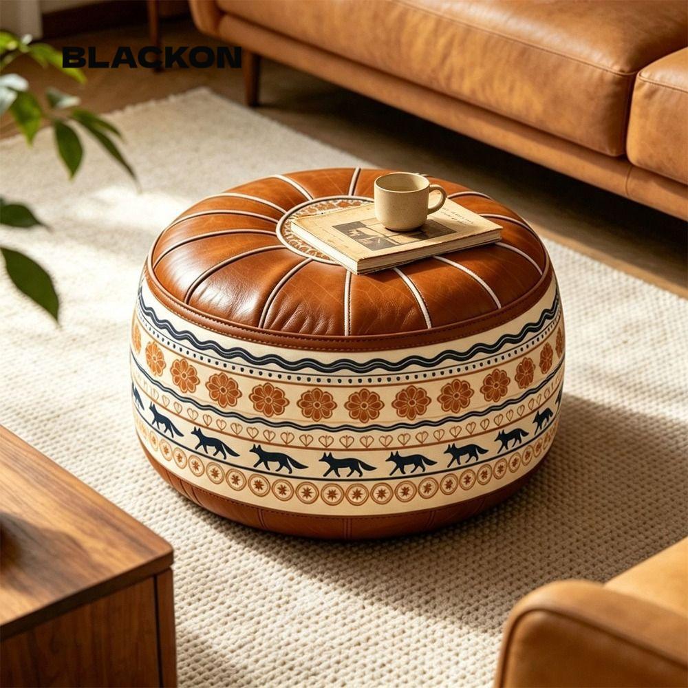 BLACKON Fillable Ottoman Pouf, Hình Tròn Thêu Họa Tiết Lưu Trữ Ottoman, Da PU Phong Cách Ma-rốc Tròn