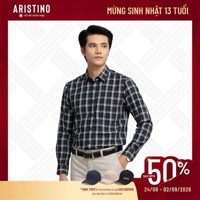 Áo sơ mi nam dài tay ARISTINO họa tiết đen kẻ trắng lịch lãm, dáng suông nhẹ thoải mái ALS15702