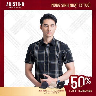 Áo sơ mi tay ngắn ARISTINO màu đen kẻ trắng, dáng vạt bằng tinh tế ASS012AZ