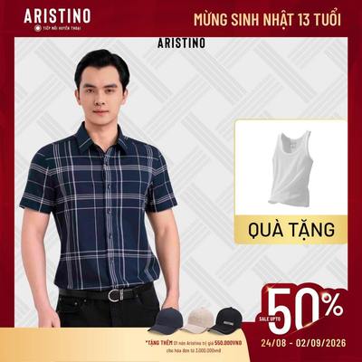 Áo Sơ Mi Nam Aristino Tay Ngắn Xanh Than Kẻ Slim Fit Họa Tiết Đan Lát Thời Thượng ASS619EDP01