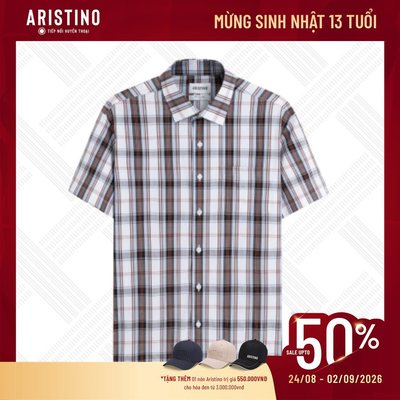 Áo Sơ Mi Ngắn Tay Nam Aristino kẻ nâu sang trọng lịch lãm, form Perfect Fit tôn dáng người mặc - ASS411SAH2