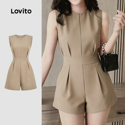 Áo liền quần nữ Lovito kaki xuân hè ôm eo xếp ly thanh lịch L178ED1319
