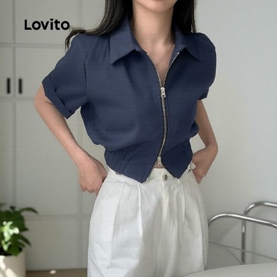 Lovito Phong cách thường ngày Áo sơ mi nữ phong cách Preppy trơn có khóa kéo L82AD009 (Nhiều màu)
