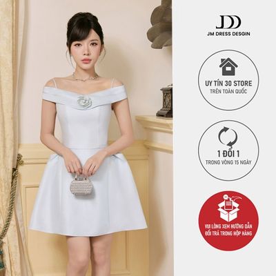 Đầm Party Ngang Vai Nhún Hông 1P10.2605 Đầm Dự Tiệc Trễ Vai Đính Hoa 3D Đầm Tiệc Sang Chảnh, Đầm Xòe Tiểu Thư By JM