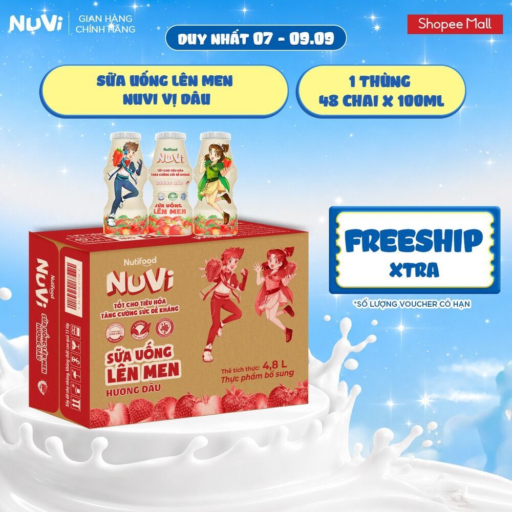 Thùng 48 Chai Sữa Uống Lên Men NuVi Vị Dâu 100ml