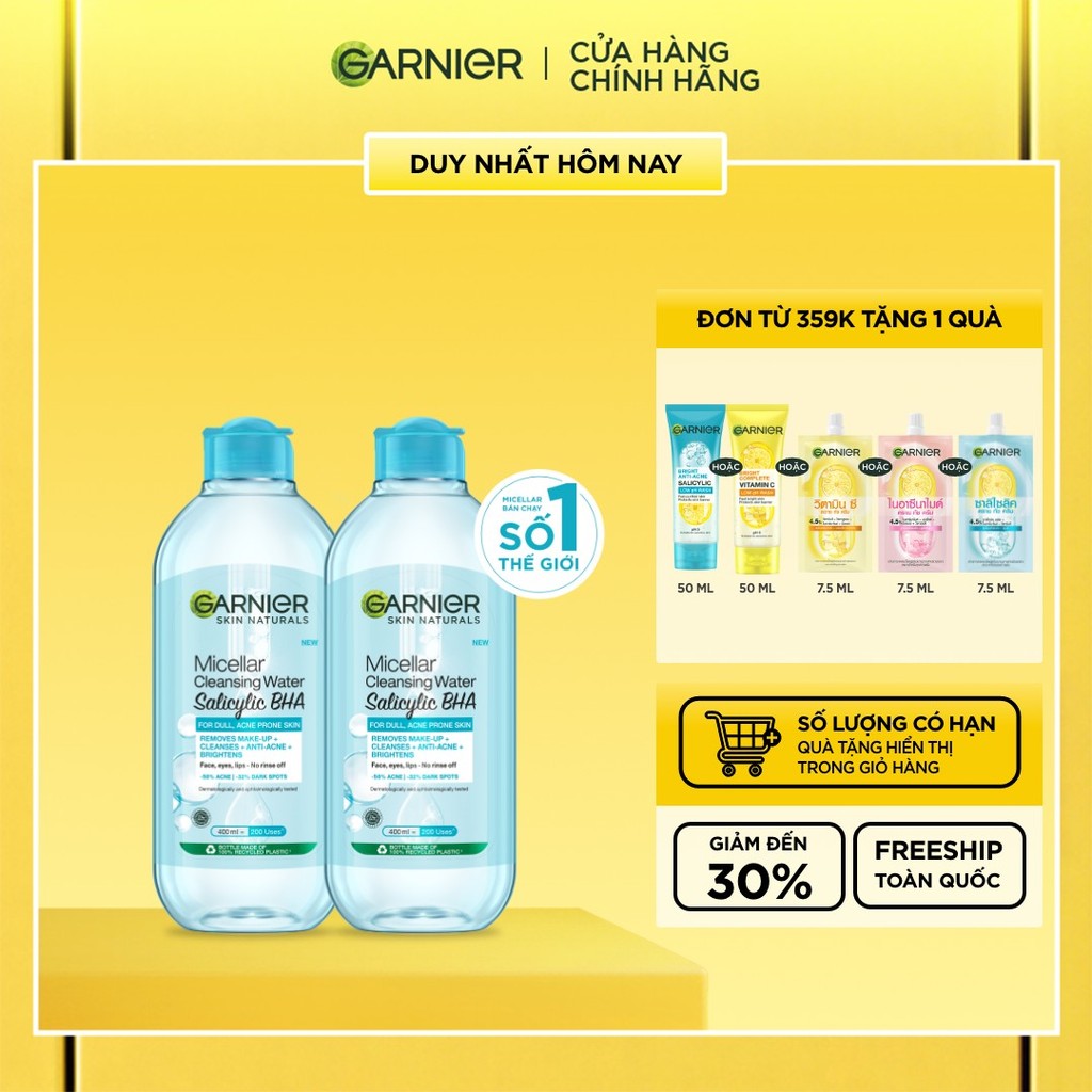 Bộ 2 Nước tẩy trang Garnier Cho Da Dầu Mụn Salicylic BHA Micellar 400ml x 2 (mới)