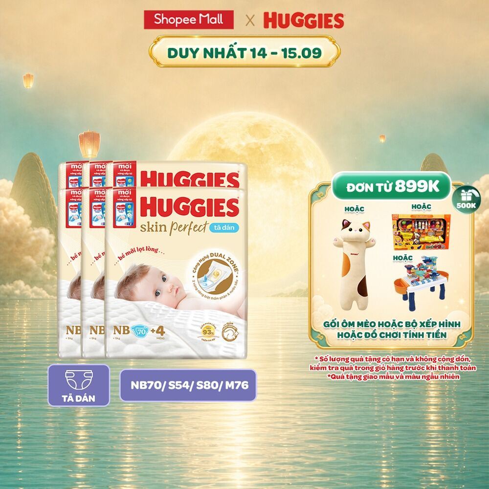Combo 6 Tã Dán NB70/S54/S80/M76 hoặc Miếng Lót Sơ Sinh NB1 64+6/108+9 Huggies Skin Perfect