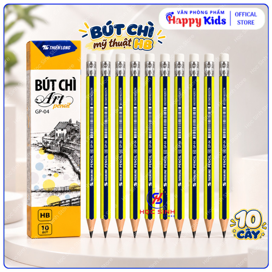 Hộp 10 Cây Bút Chì Mỹ Thuật HB Thiên Long GP04 Chất Lượng Tốt, Chuốt Không Gãy VPP Happy Kids