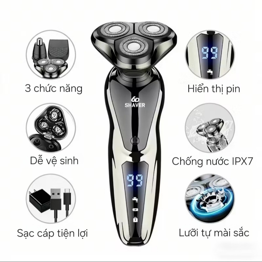 🌙🌙 Máy cạo râu đa năng 6D Shaver S-1168 công suất 5w, chống nước, lưỡi tự mài sắc, hiển thị pin