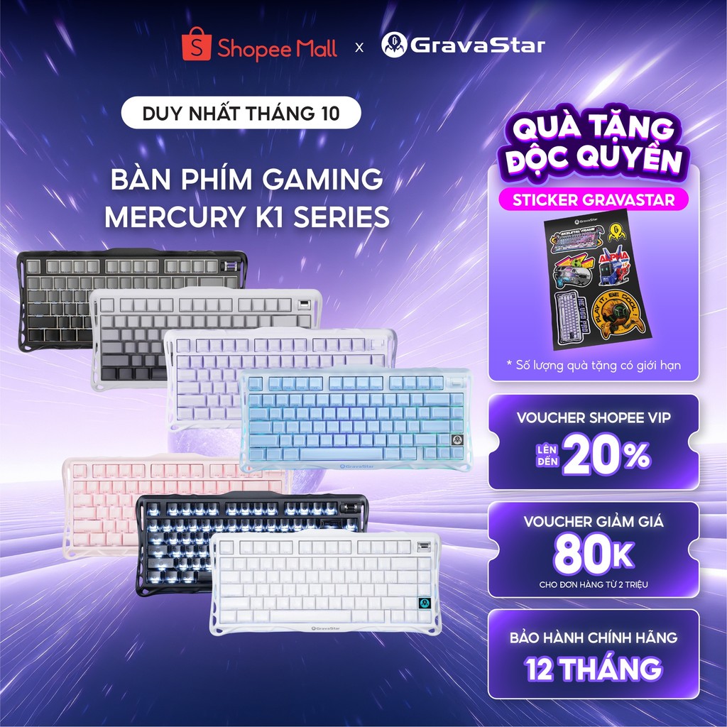Bàn phím cơ Gaming Gravastar Mercury K1 - 3 Mode Kết Nối, Hot Swap, BH 12 tháng