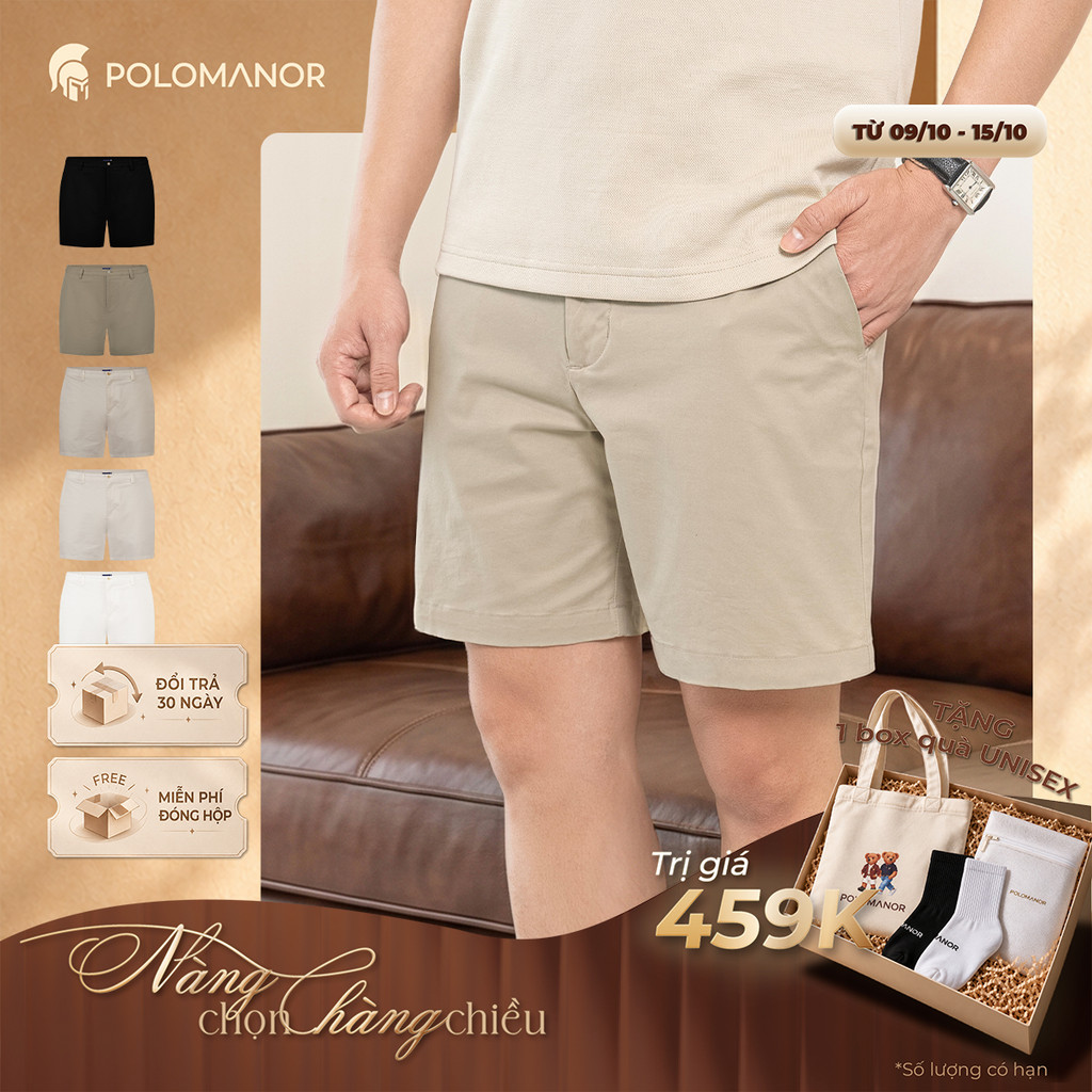 Quần short nam ngắn POLOMANOR vải kaki xuất xịn, lưng đai thun, co giãn 2…