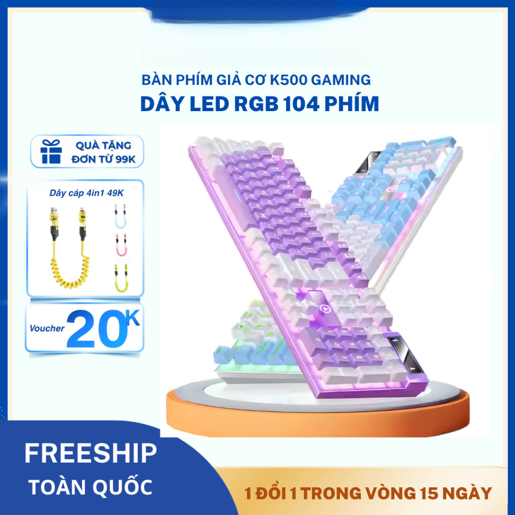 Bàn Phím Giả Cơ K500 Gaming Có Dây LED RGB 104 Phím, Bàn Phím Chống Nước Dùng Văn Phòng Game Thủ
