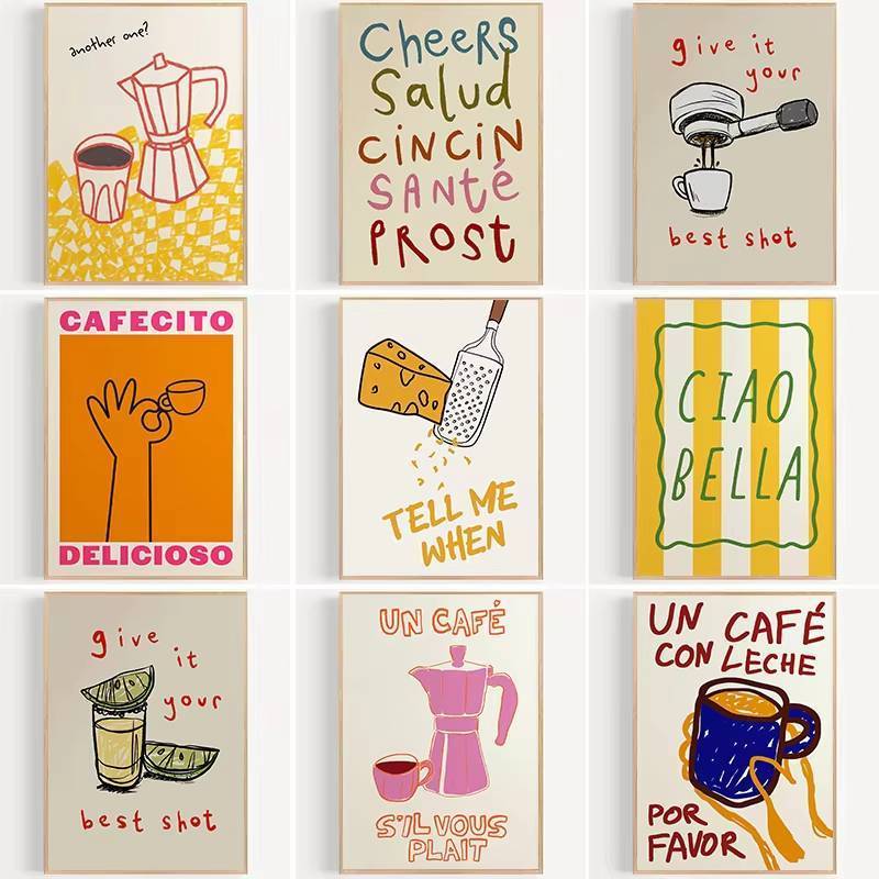 Ciao Bella Nhiều Màu Sắc Ý Cà Phê Chúc Mừng Preppy Nhà Bếp Thực Phẩm Phô Mai Thẩm Mỹ Poster Canvas T
