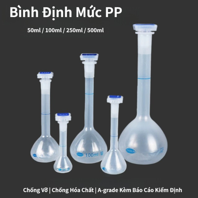 Phòng Thí Nghiệm Bình Định Mức PP Polypropylene Có Nút, 10ml/50ml/100ml/250ml/500ml