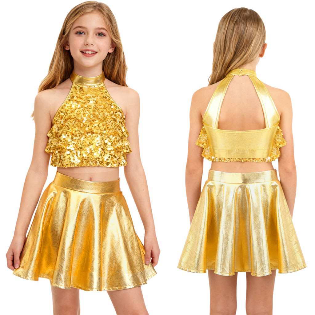 Fldy Kids Girls Dance Performance Outfit Sáng Bóng Sequin Tầng Crop Top Với Váy Xù 2 Chiếc Ballet Ja